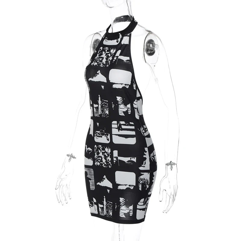 Mini Dress with Collar and Monochrome Print Design - Tessa