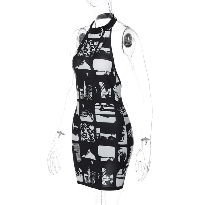Mini Dress with Collar and Monochrome Print Design - Tessa
