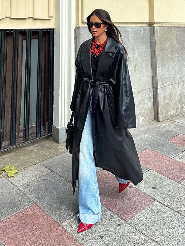 Long Leather Coat with Tie Belt - Sol