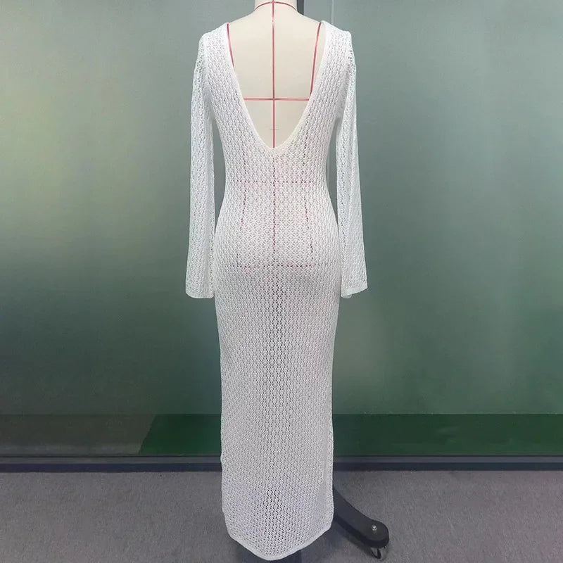 Knitted Maxi Beach Dress with Open Back and Pearl Pin Decoration - Lina