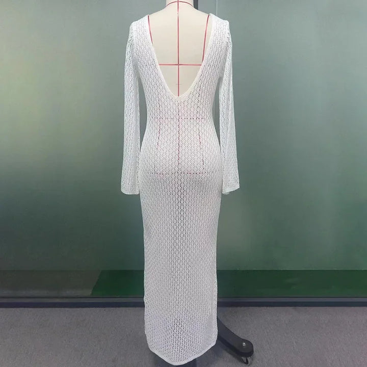 Knitted Maxi Beach Dress with Open Back and Pearl Pin Decoration - Lina