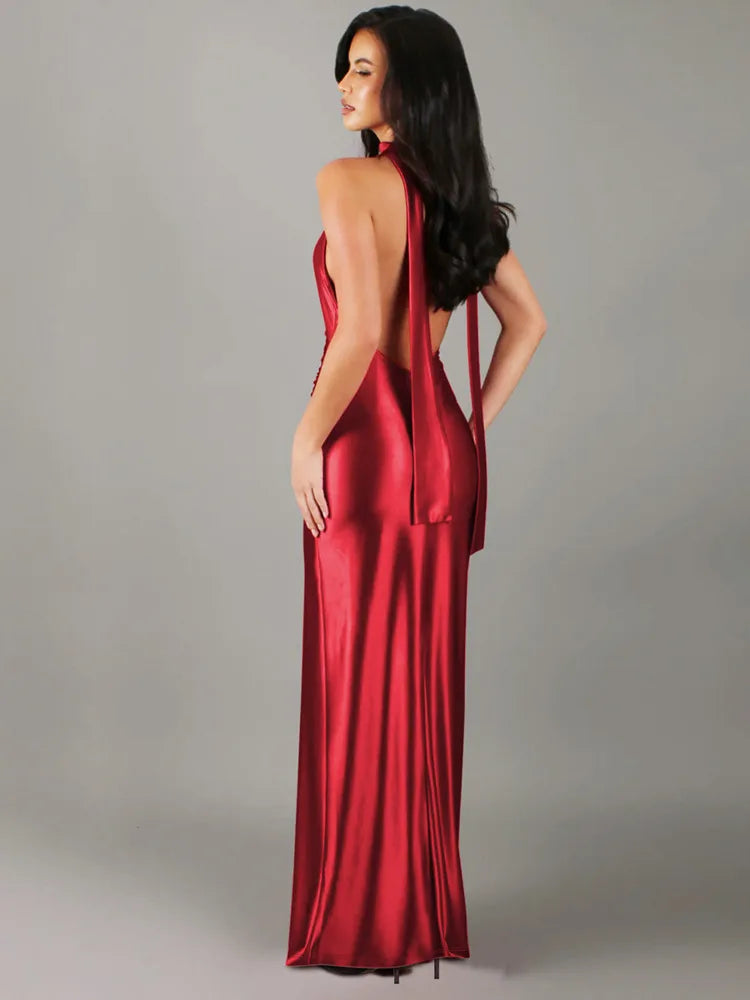 Open Back Satin Maxi Dress with Slit and Matching Scarf Decoration - Felicia