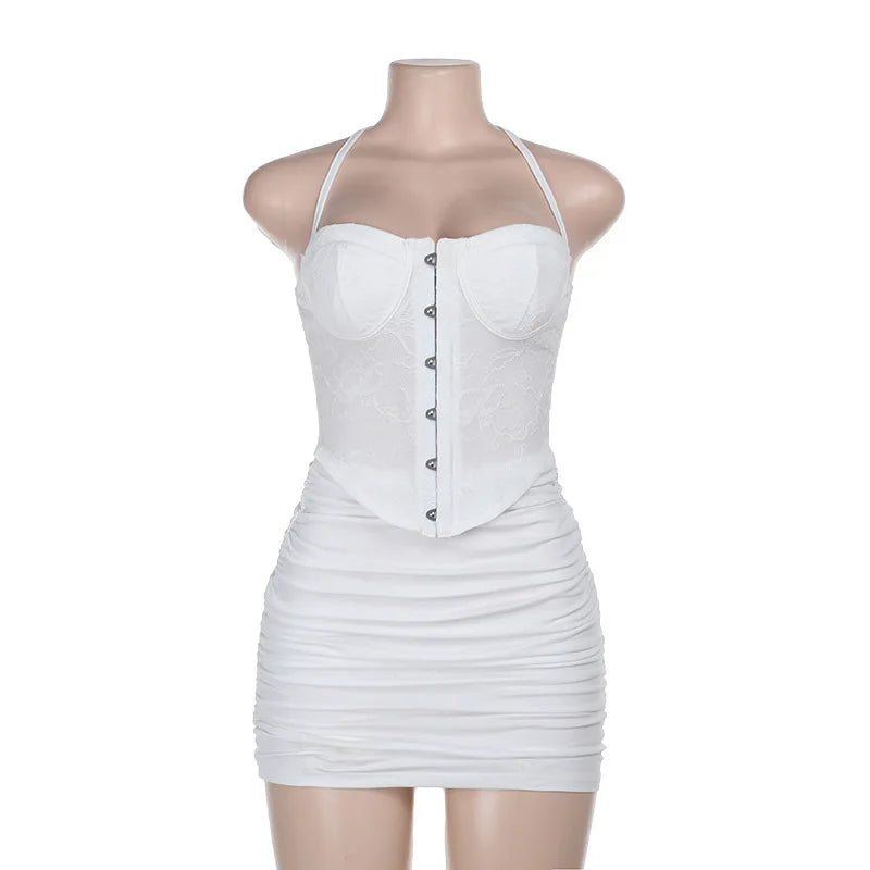 Mini Ruched Fitted Dress with Lace Corset Design, Pin Closure, Open Back - Emily