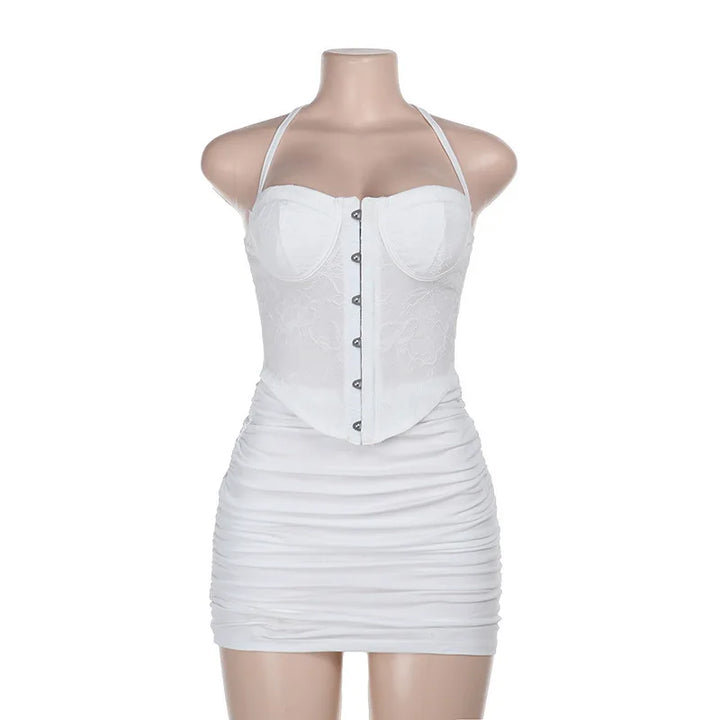 Mini Ruched Fitted Dress with Lace Corset Design, Pin Closure, Open Back - Emily