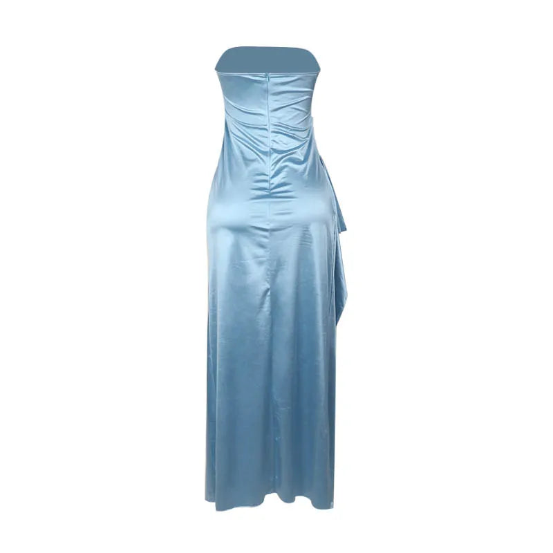 Strapless Satin Maxi Dress with Ruching and Slit - Amalia