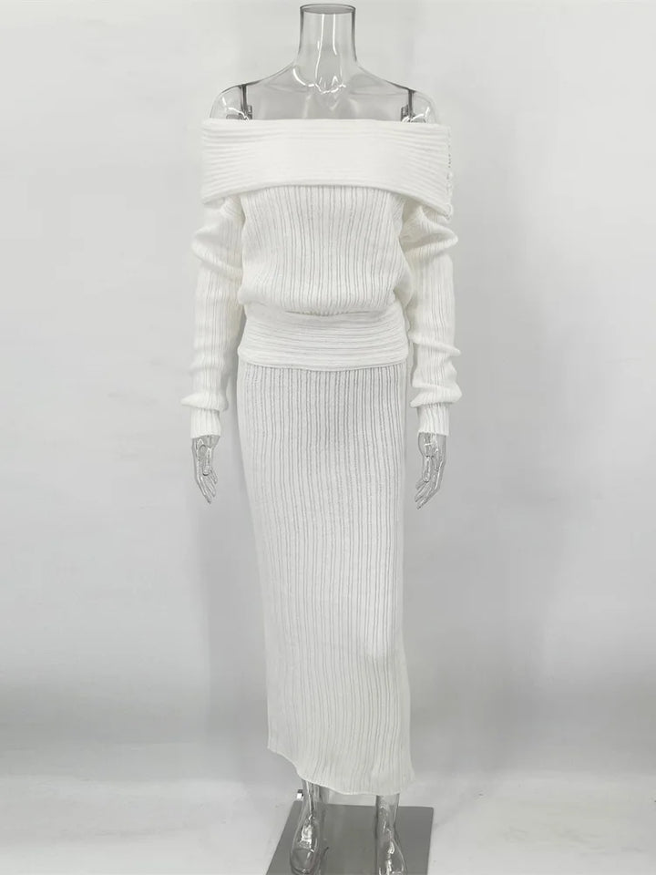 Two-Piece Knit Set with Off-Shoulder Top and Maxi Skirt - Ilona