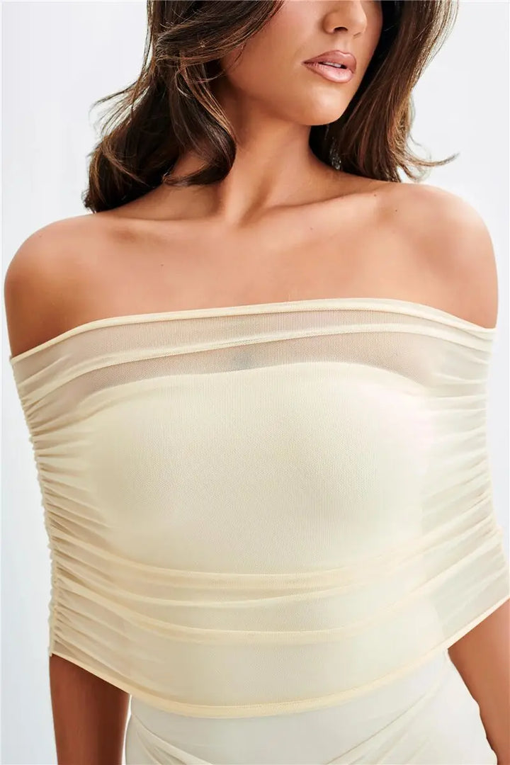 Chiffon Maxi Dress with Gathered Off-the-Shoulder Design - Delilah