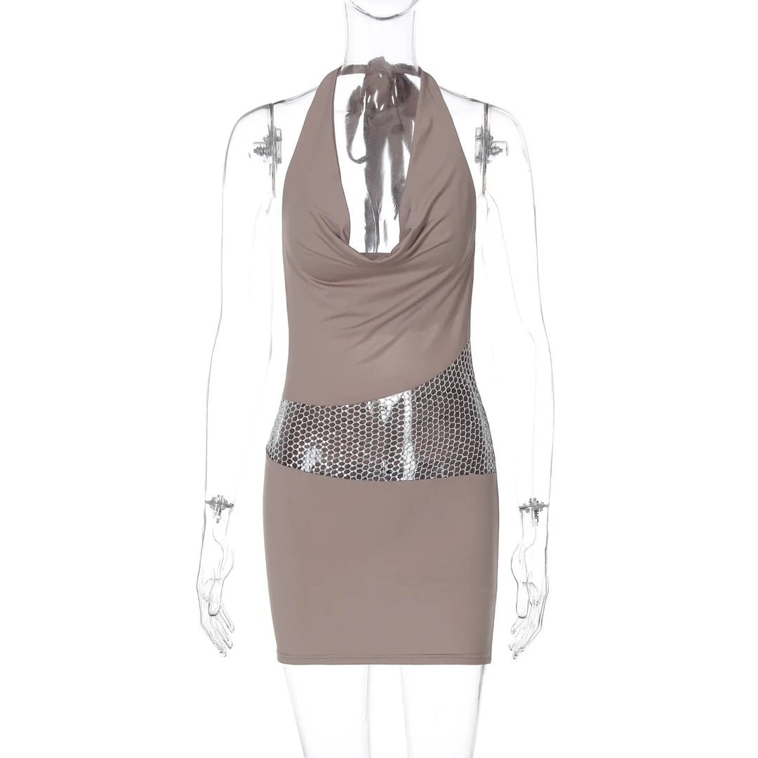 Mini Dress with Dropped Collar, Mesh, Sparkling Sequins, Ruching on Hips, and Neck Tie - Linda