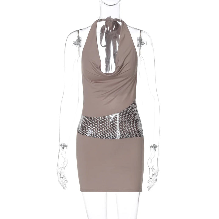 Mini Dress with Dropped Collar, Mesh, Sparkling Sequins, Ruching on Hips, and Neck Tie - Linda