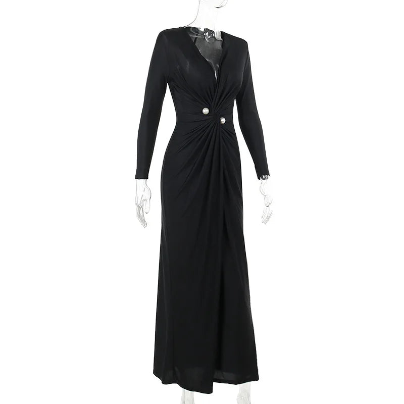 Maxi Wrap Evening Dress with Deep Slit and Pearl Detail - Simona