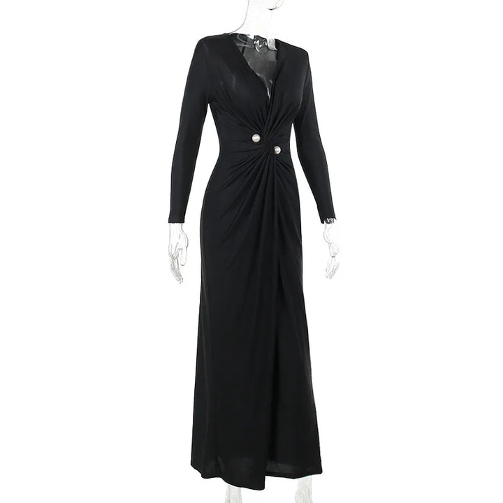 Maxi Wrap Evening Dress with Deep Slit and Pearl Detail - Simona