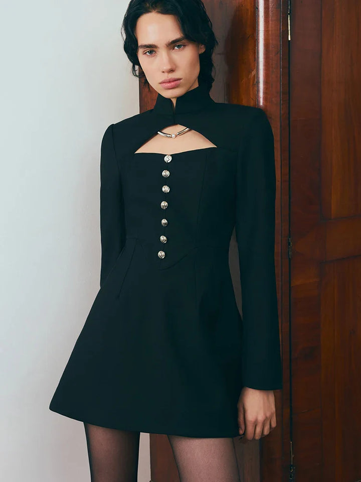 Fitted Mini Dress with Turtleneck and A-Line Cut with Button Decoration - Mary Line