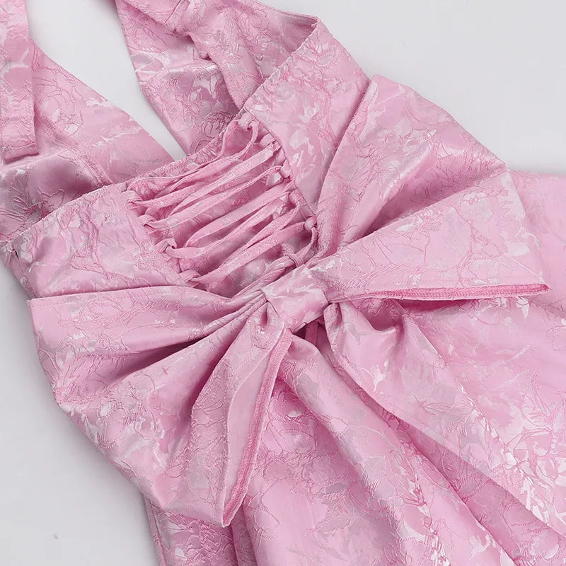 A-line mini dress with floral embroidery, bow detail on the back, tie-back design for waist fit and neck tie - Pearl