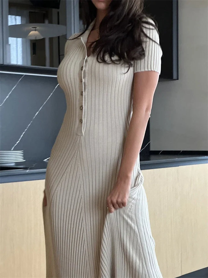 Knitted Maxi Dress with Elegant Design and Button Decoration - Ivanna