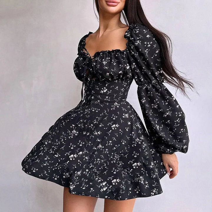 Floral ruffled mini dress with puff sleeves in a rustic style - Heidi