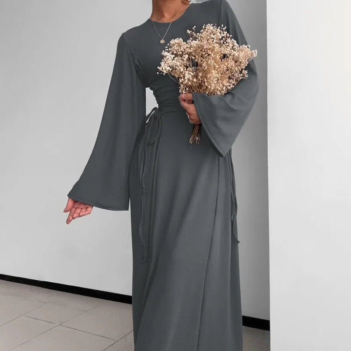 Modest knitted A-line maxi dress with waist ties - Liri