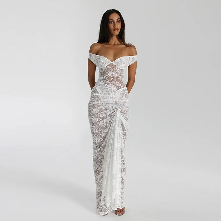 Maxi Lace Dress with Off-Shoulder and Slit Design - Emiliana