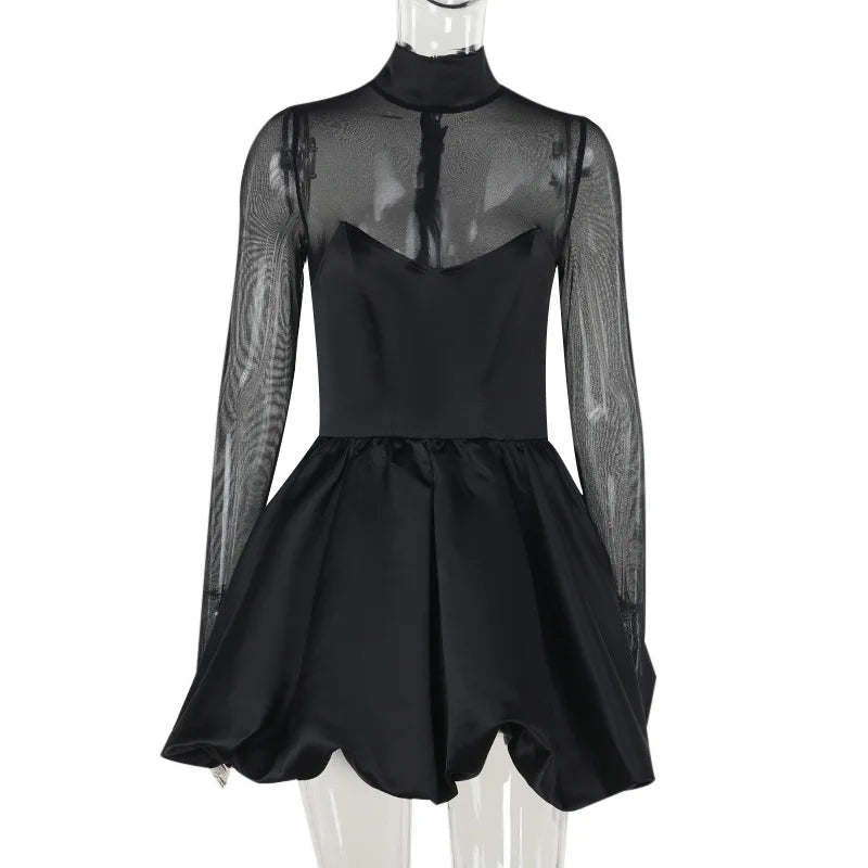 Balloon satin mini dress with mesh and half turtleneck design - Moran