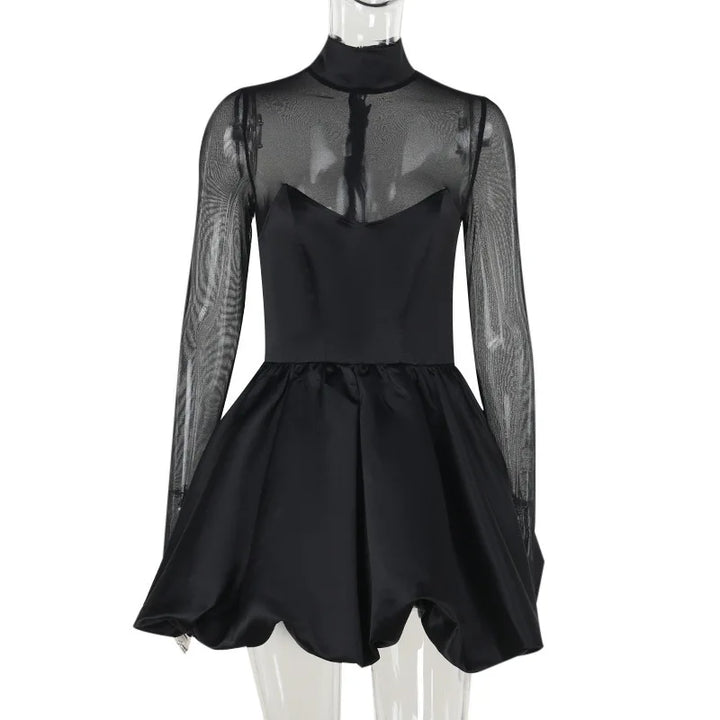 Balloon satin mini dress with mesh and half turtleneck design - Moran