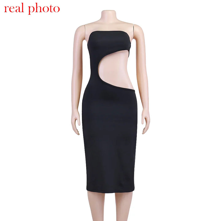 Strapless Midi Dress with Exposed Midriff - Ryan