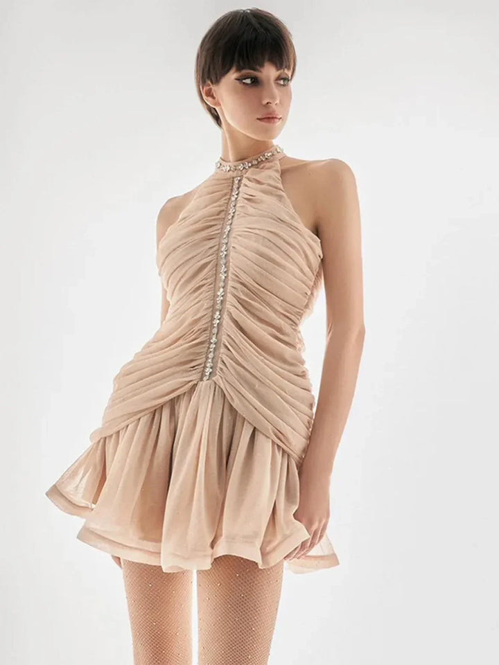 Chiffon Pleated Ruffled Mini Dress with Diamond and Sequin Decoration - Yava