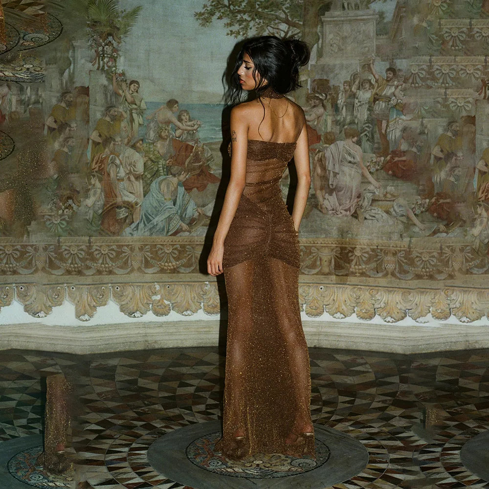 Strapless Maxi Dress with Glitter Mesh and Ruching Detail - Haisley