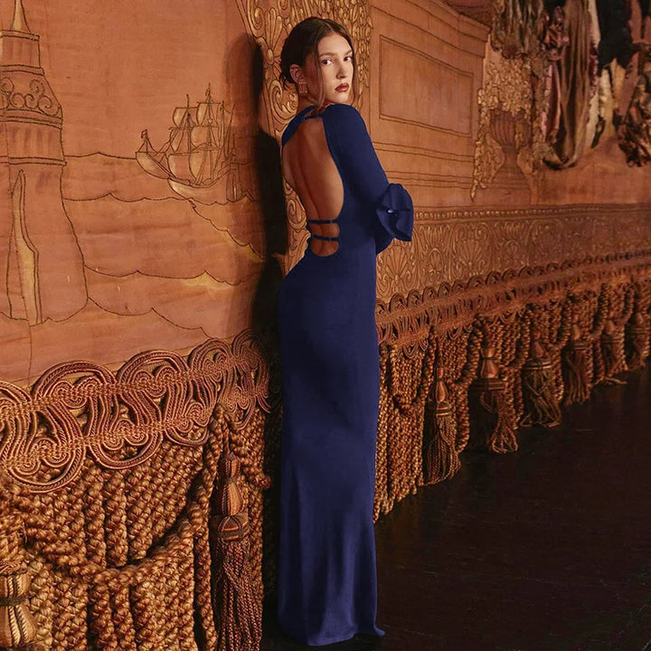 Open Back Maxi Dress with Bell Sleeves - Blueberry
