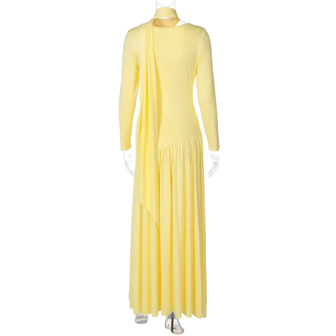 Elegant Maxi Dress with Slit and Scarf Decoration - RONA LI