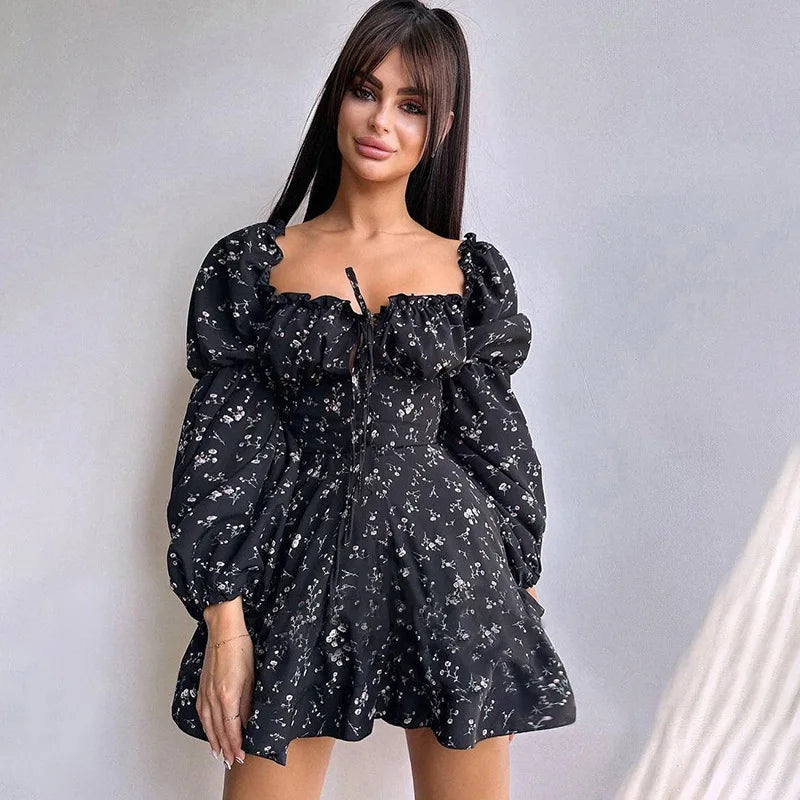 Floral ruffled mini dress with puff sleeves in a rustic style - Heidi