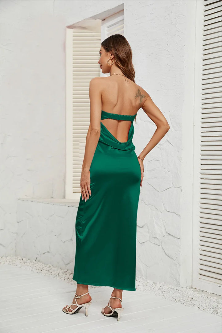 Strapless satin maxi dress with open back - ANATALYA