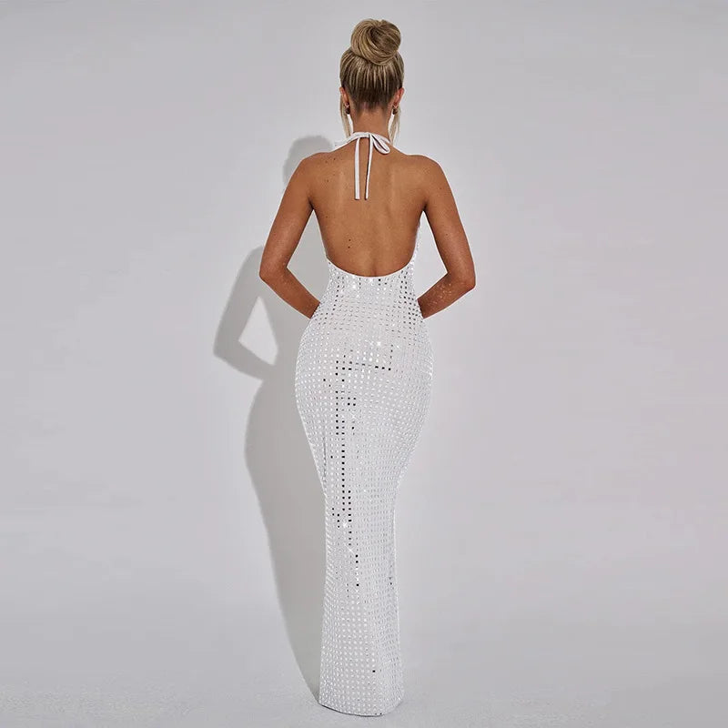 Maxi Dress with Collar, Open Back, and Sparkling Square Design - Casey