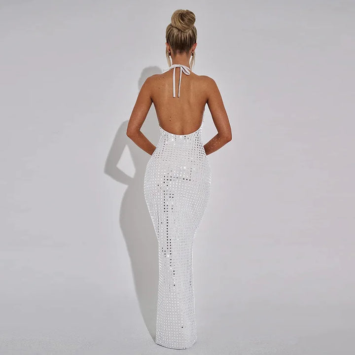 Maxi Dress with Collar, Open Back, and Sparkling Square Design - Casey