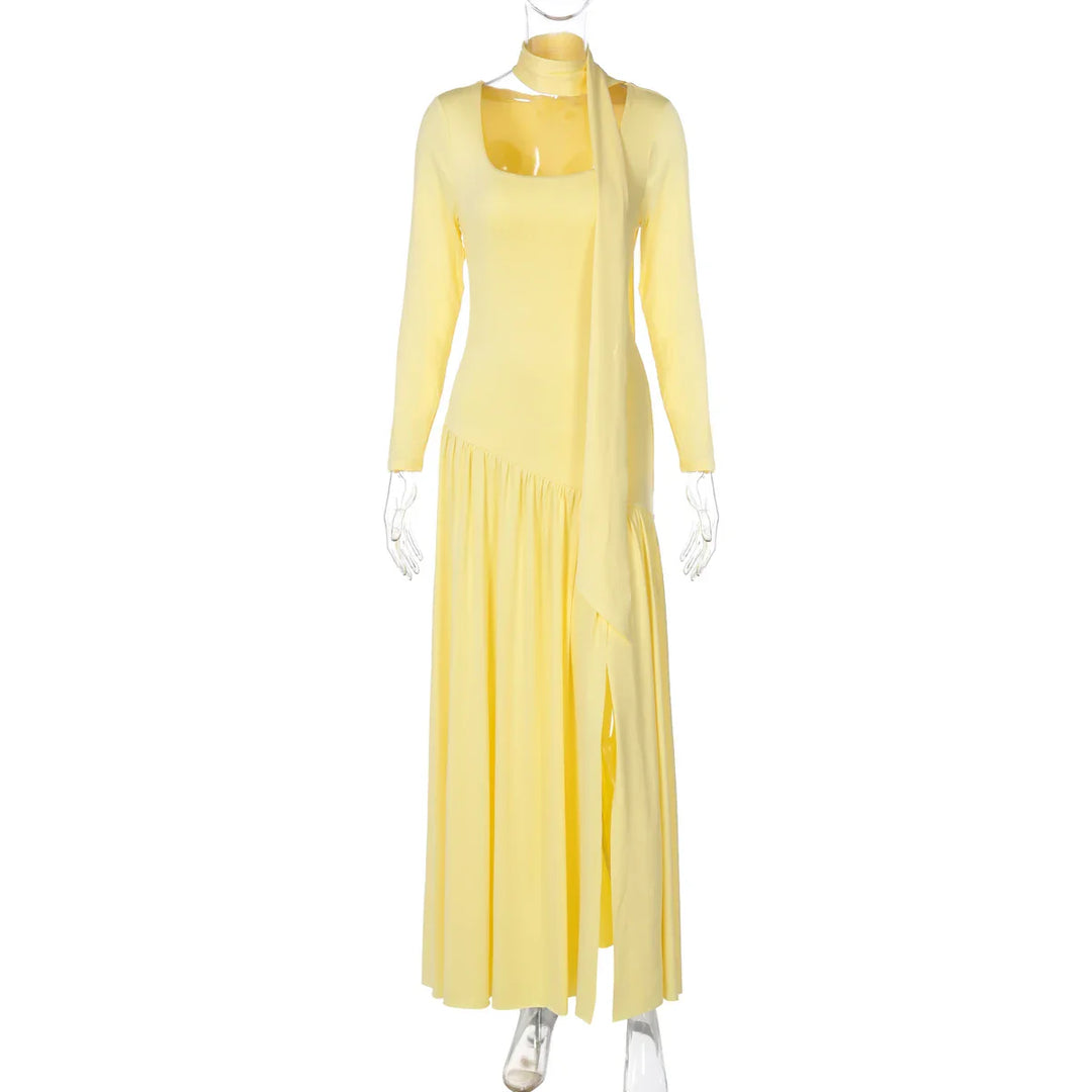 Elegant Maxi Dress with Slit and Scarf Decoration - RONA LI
