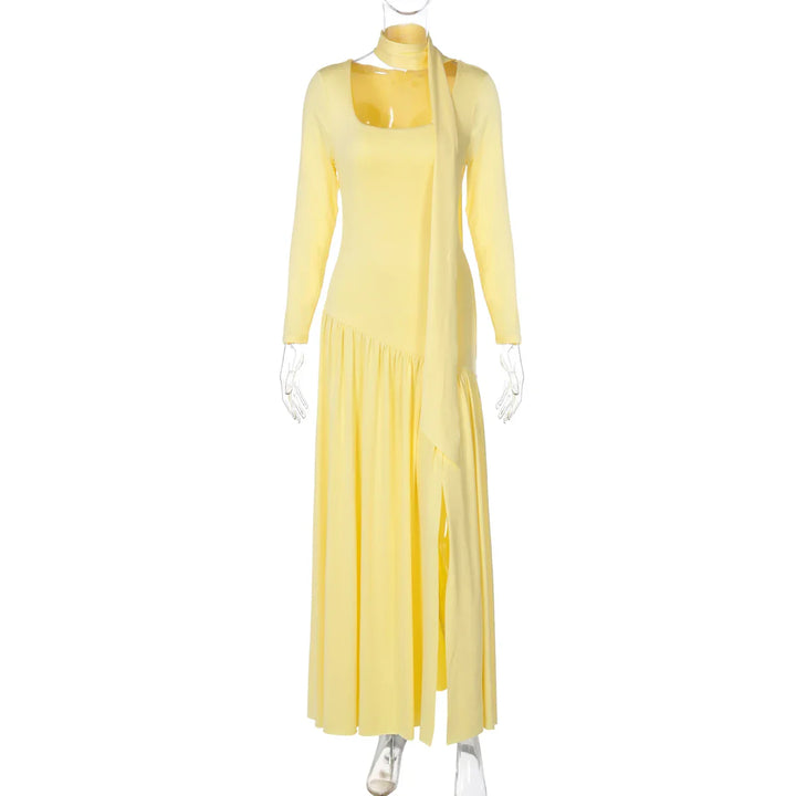 Elegant Maxi Dress with Slit and Scarf Decoration - RONA LI