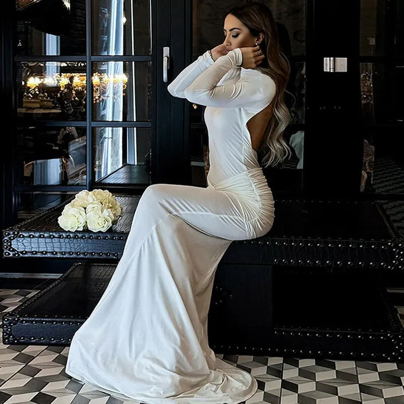 Turtleneck open-back maxi dress with ruching decoration - Ilayil