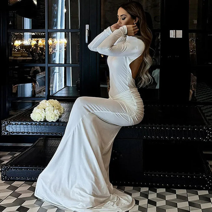 Turtleneck open-back maxi dress with ruching decoration - Ilayil