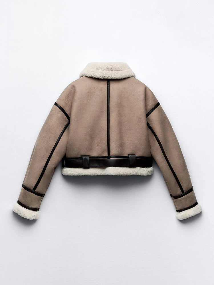 Short suede jacket with inner fur and leather belt decoration - Philip