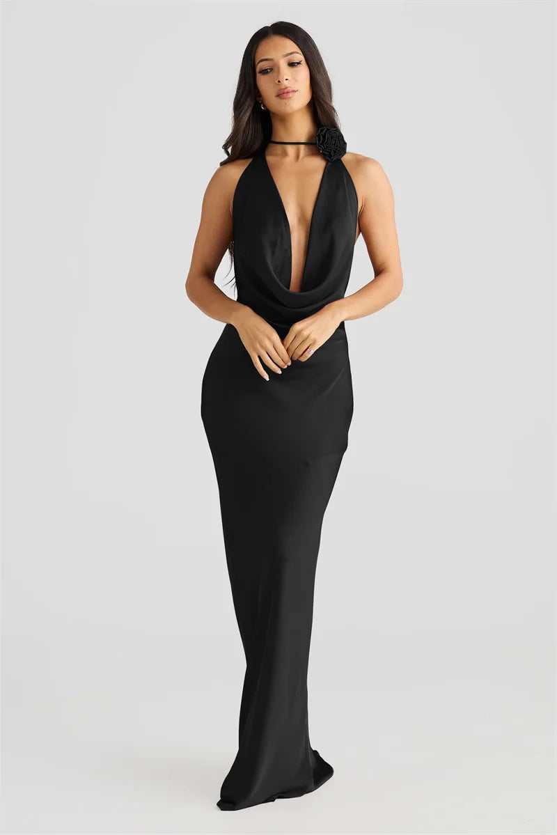 Satin Maxi Dress with Open Back and Draped Collar - Paula