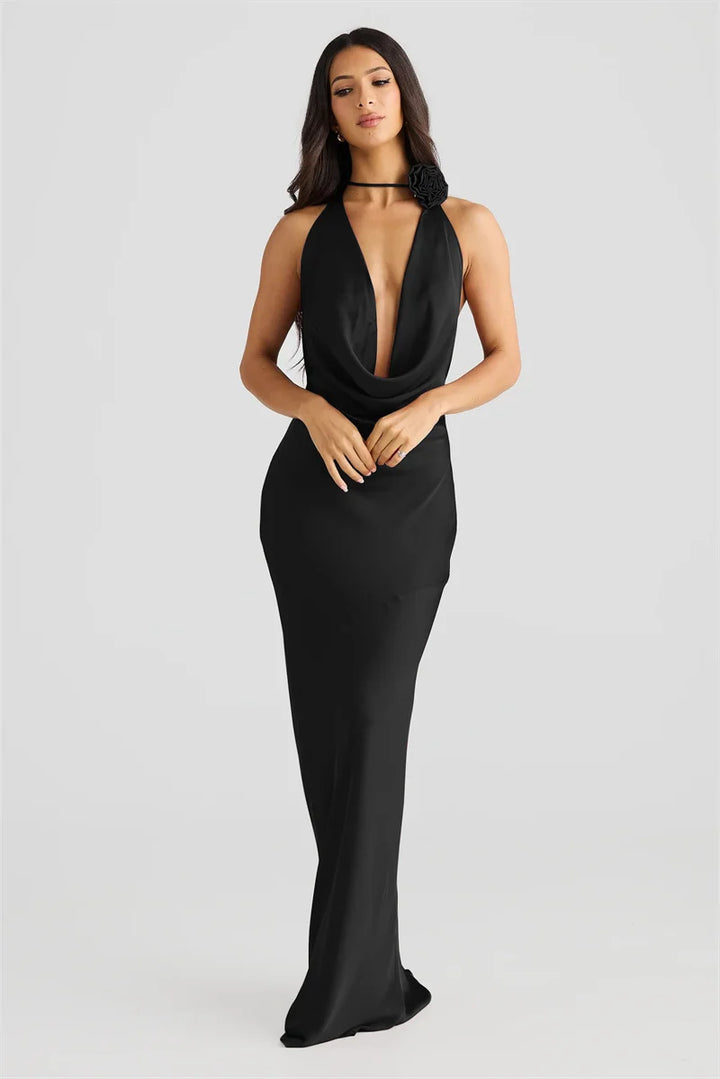Satin Maxi Dress with Open Back and Draped Collar - Paula