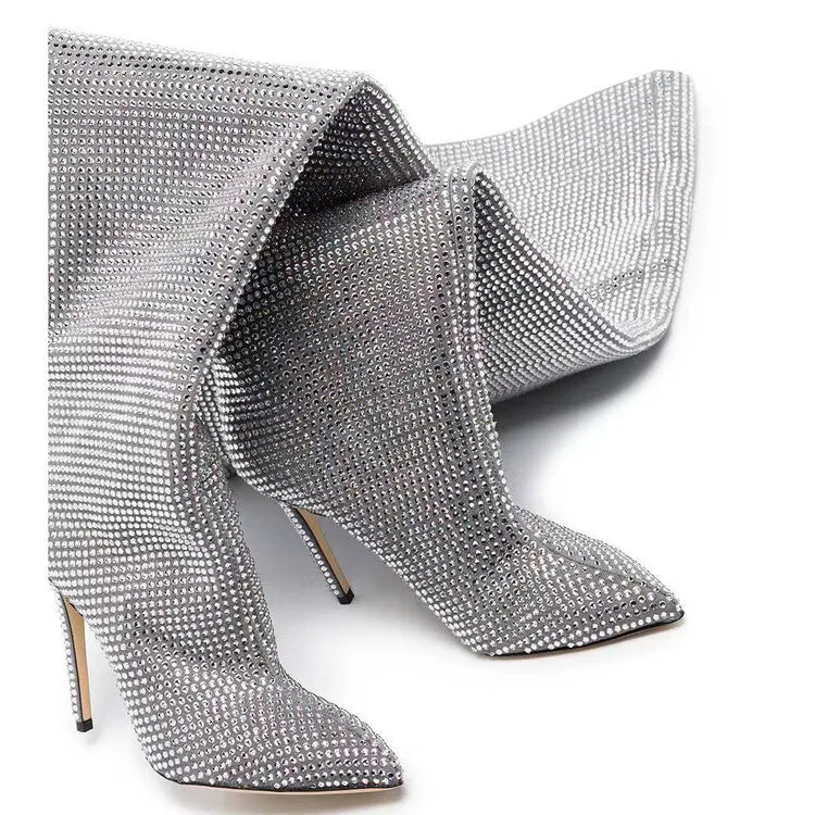 High Pointed Heel Boots with Sparkling Rhinestone Design - Josie