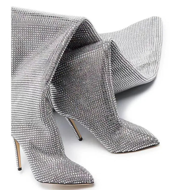 High Pointed Heel Boots with Sparkling Rhinestone Design - Josie