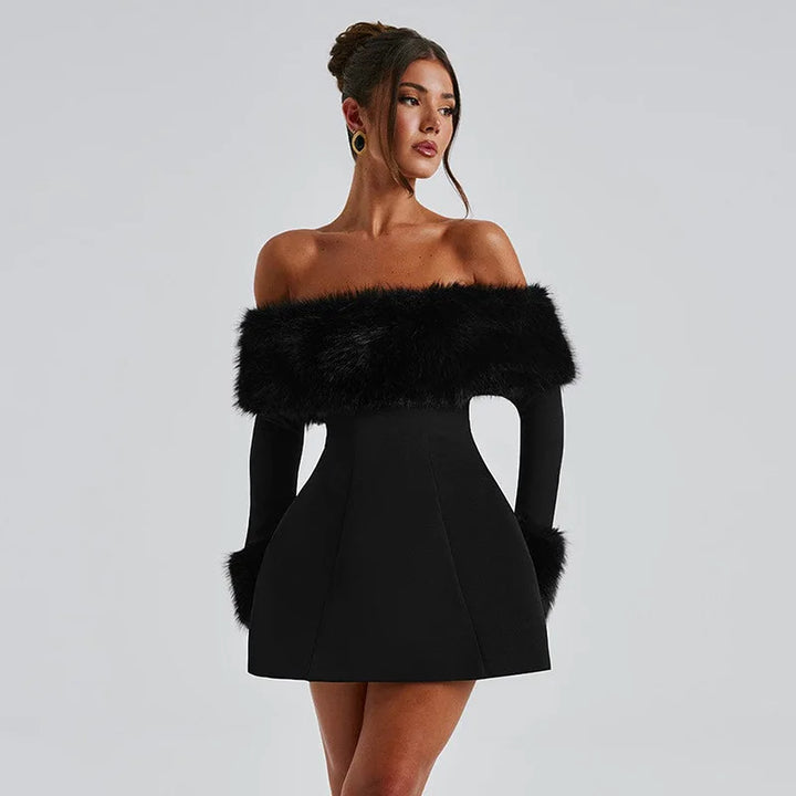 Off-shoulder A-line mini dress with feather fur detail - Ira