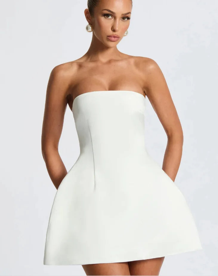 Satin mini dress in A-line cut with tie bow back detail for waist fit - Lilia
