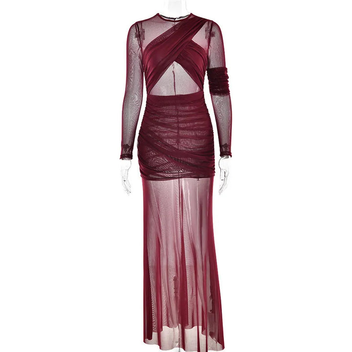 Mesh maxi dress with ruching design - Gvan