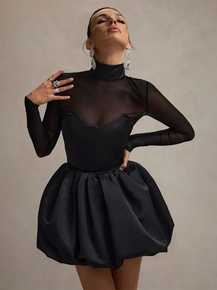 Balloon satin mini dress with mesh and half turtleneck design - Moran