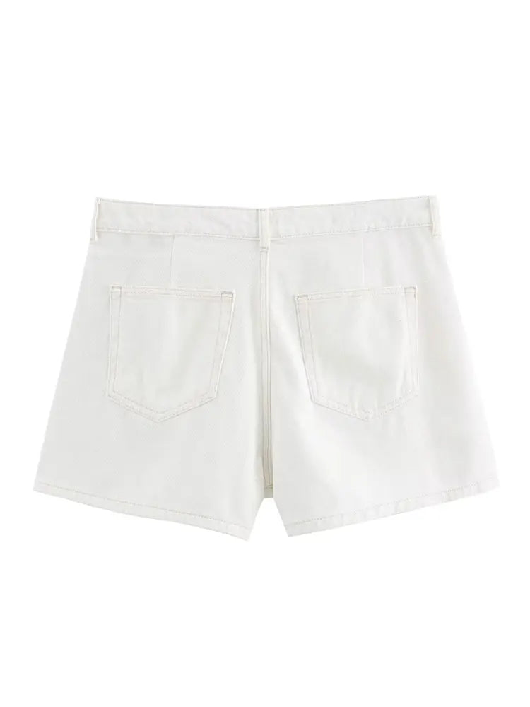 Two-Piece White Denim Set with Mini Skirt Pants and Buttoned Polo Collar Blazer - Genesis