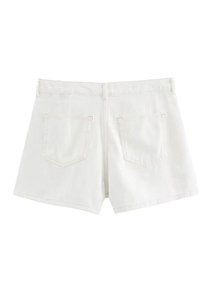Two-Piece White Denim Set with Mini Skirt Pants and Buttoned Polo Collar Blazer - Genesis