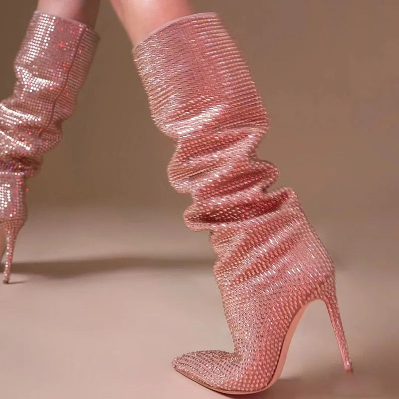High Pointed Heel Boots with Sparkling Rhinestone Design - Josie
