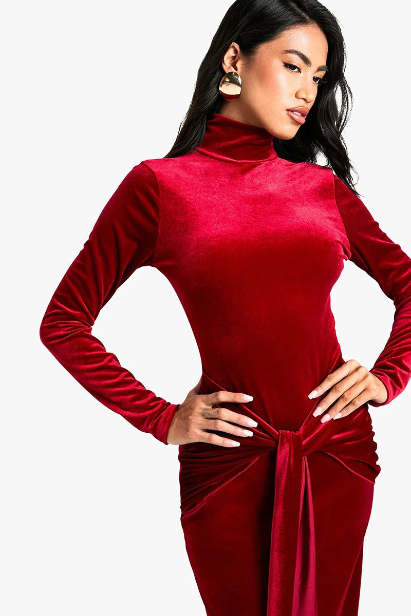 Velvet maxi dress with turtleneck and tie design - Karina