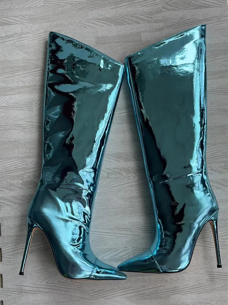 High Pointed Toe Heel Boots with Glossy Leather Design - Sloane